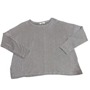 Zenana Womens L/XL Brown White Striped Ribbed Knit Boxy Long Sleeve Top Slit Hem